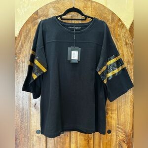 🖤💛 NWT Cynthia Rowley Black Varsity Style Top with Gold and Black Sequin Stripes